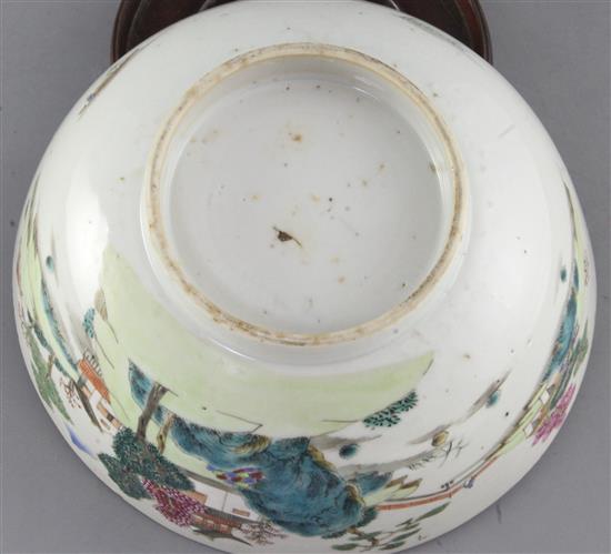 A Chinese famille rose landscape bowl, Qianlong period, diameter 20.2cm, rim crack